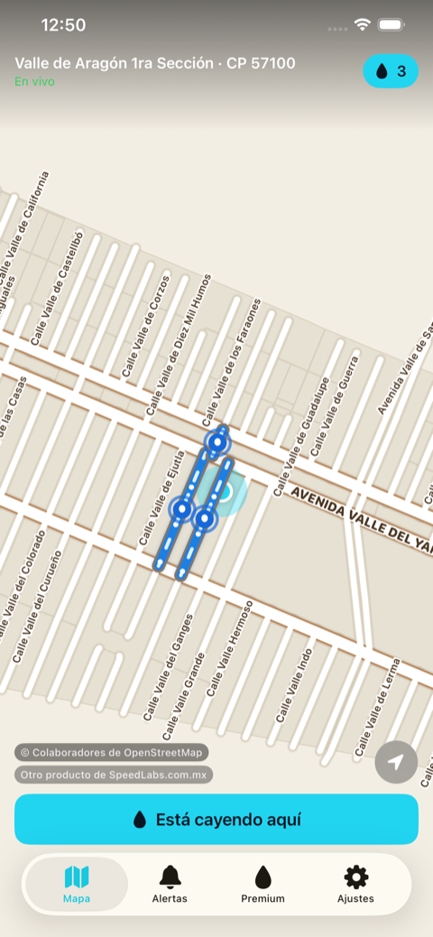 Mapa con el agua corriendo en un tramo