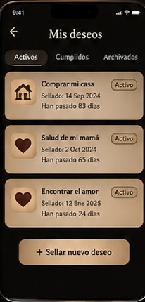 Pantalla «Mis deseos» con la lista de deseos activos, sus fechas y los días transcurridos.