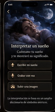 Pantalla «Interpretar un sueño» con las opciones escribir, grabar con voz o subir una imagen.