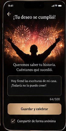 Pantalla «¡Tu deseo se cumplió!»: fuegos artificiales y un campo para contar qué sucedió.