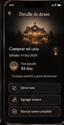 Pantalla «Detalle de deseo»: el amuleto del deseo y el contador de días transcurridos.
