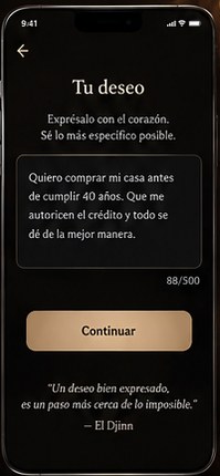 Pantalla «Tu deseo»: un campo de texto con el deseo escrito y el botón Continuar.