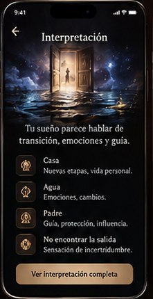Pantalla «Interpretación» con los símbolos detectados en un sueño y su lectura.