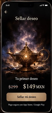 Pantalla «Sellar deseo»: la lámpara encendida y el botón Sellar mi deseo.