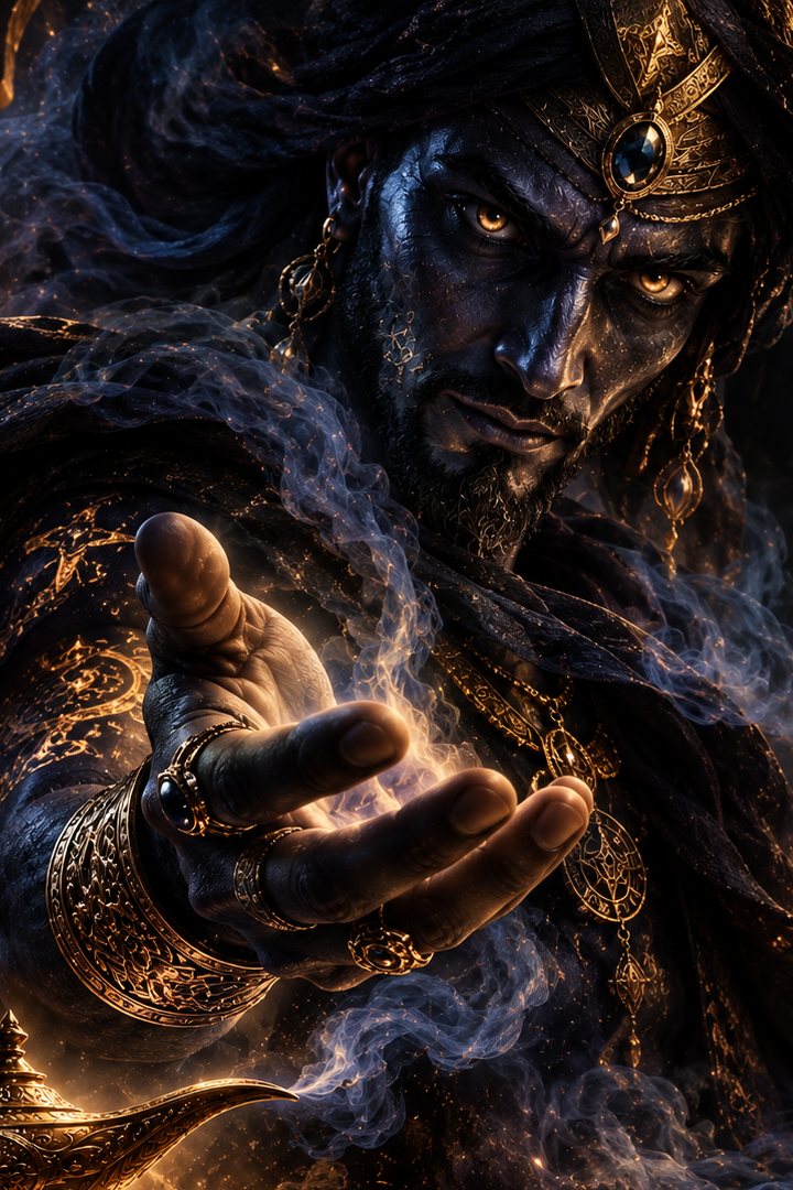 El Djinn, de ojos ámbar, extiende una mano entre humo y reflejos dorados.
