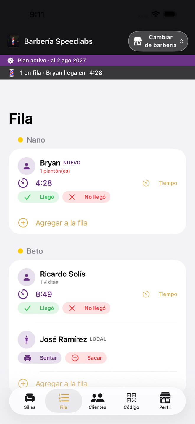 Panel del barbero: fila en vivo